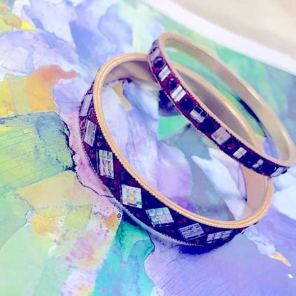 Gorgeous & Sparkly Rose Gold Bangles Red w/Unique Silver Baguettes Bracelet Set - Picture 9 of 17